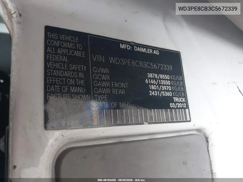 2012 MERCEDES SPRINTER VIN WD3PE8CB3C5672339 — фото 9