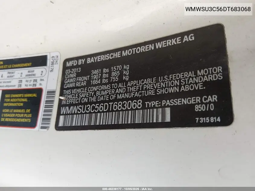 2013 MINI HARD TOP VIN WMWSU3C56DT683068 — фото 9