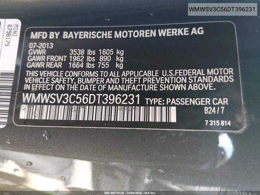 2013 MINI HARD TOP VIN WMWSV3C56DT396231 — фото 9