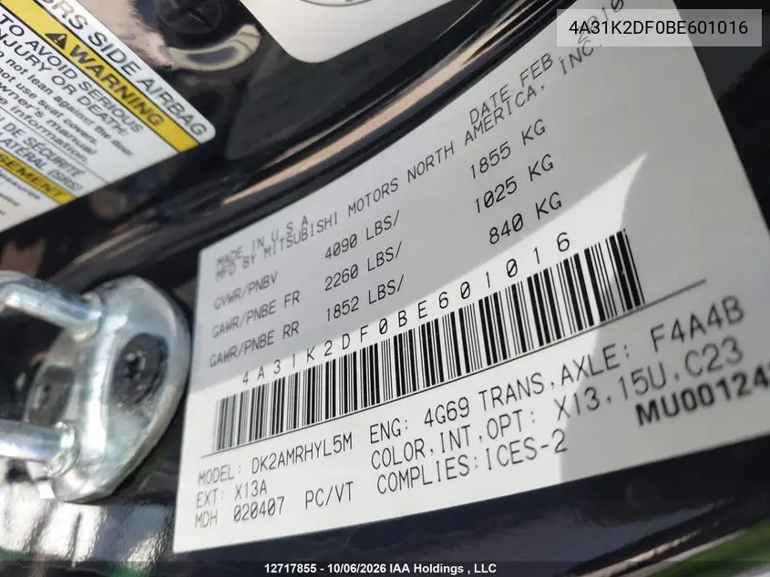 2011 MITSUBISHI ECLIPSE VIN 4A31K2DF0BE601016 — фото 9
