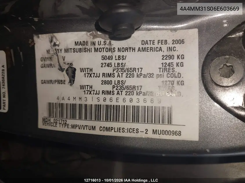 2006 MITSUBISHI ENDEAVOR VIN 4A4MM31S06E603669 — фото 9