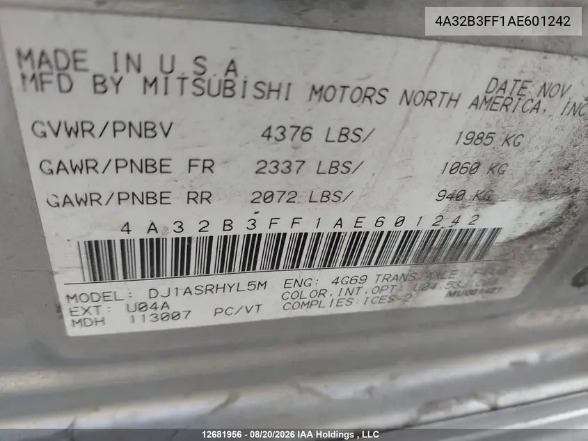 2010 MITSUBISHI GALANT VIN 4A32B3FF1AE601242 — фото 18