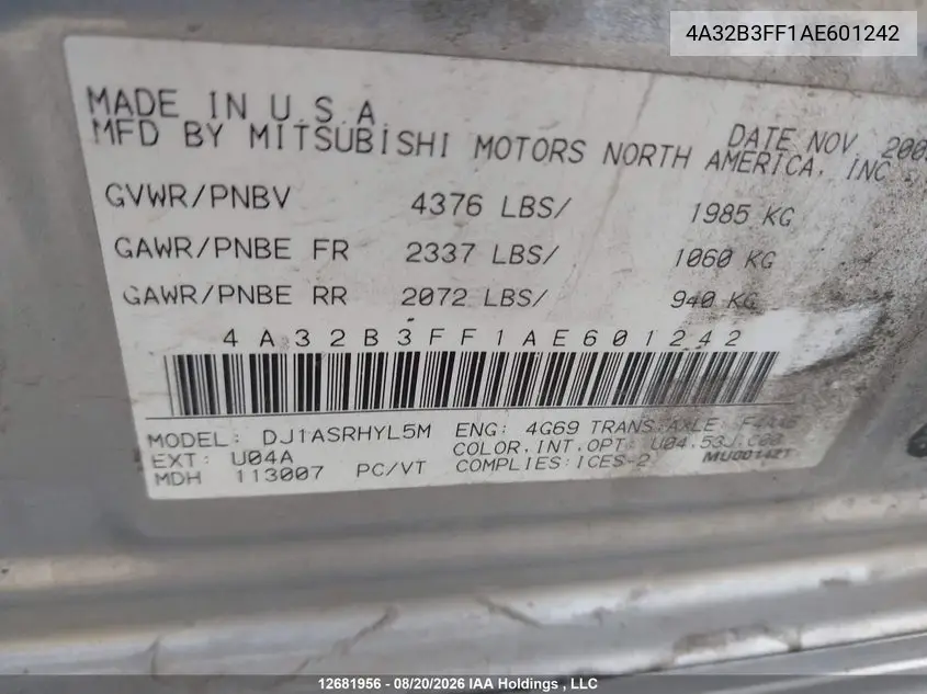 2010 MITSUBISHI GALANT VIN 4A32B3FF1AE601242 — фото 9