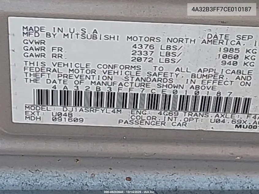 2012 MITSUBISHI GALANT VIN 4A32B3FF7CE010187 — фото 9