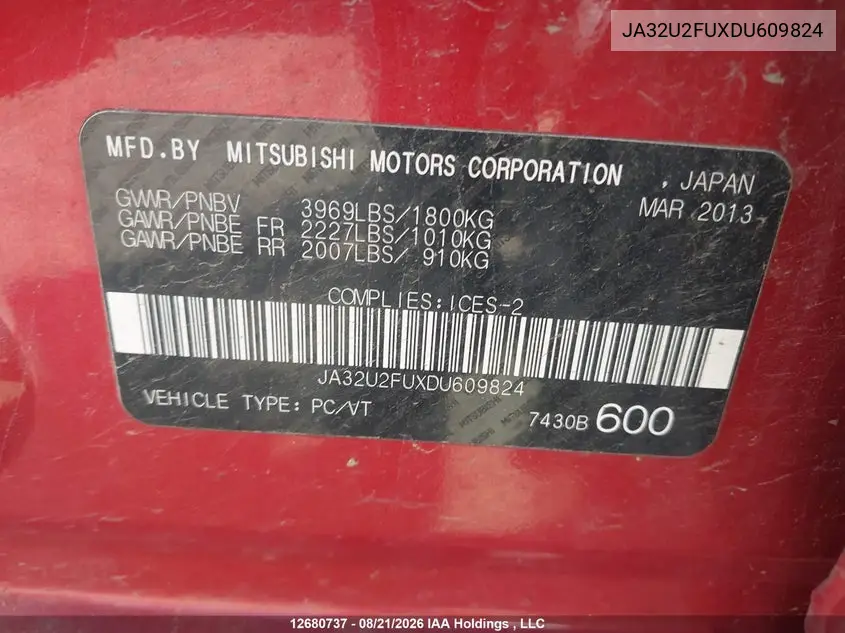 2013 MITSUBISHI LANCER VIN JA32U2FUXDU609824 — фото 17