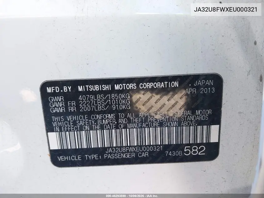 2014 MITSUBISHI LANCER VIN JA32U8FWXEU000321 — фото 9