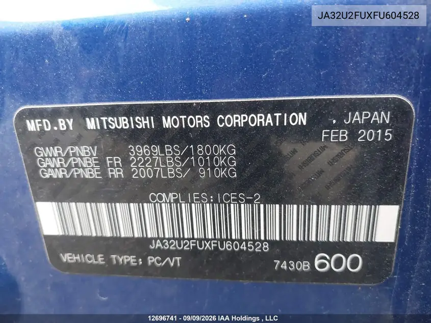 2015 MITSUBISHI LANCER VIN JA32U2FUXFU604528 — фото 9