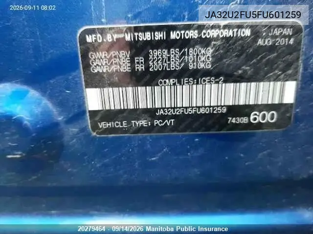 2015 MITSUBISHI LANCER VIN JA32U2FU5FU601259 — фото 9