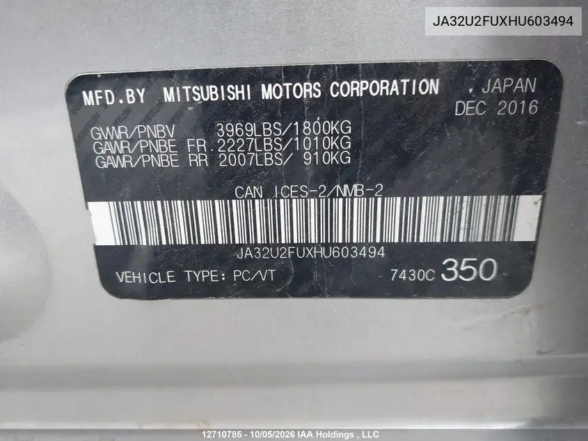 2017 MITSUBISHI LANCER VIN JA32U2FUXHU603494 — фото 9