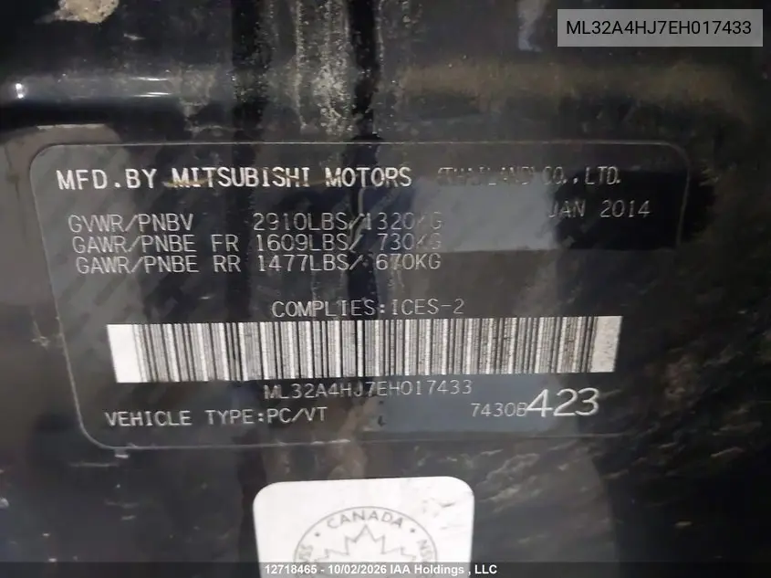 2014 MITSUBISHI MIRAGE VIN ML32A4HJ7EH017433 — фото 9
