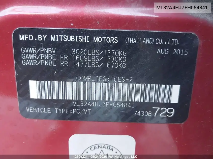 2015 MITSUBISHI MIRAGE VIN ML32A4HJ7FH054841 — фото 9