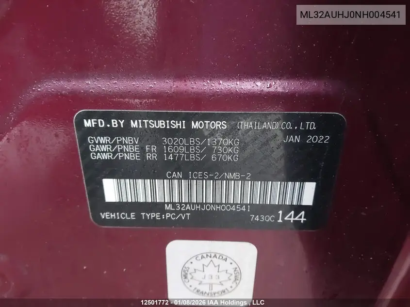 2022 MITSUBISHI MIRAGE VIN ML32AUHJ0NH004541 — фото 9