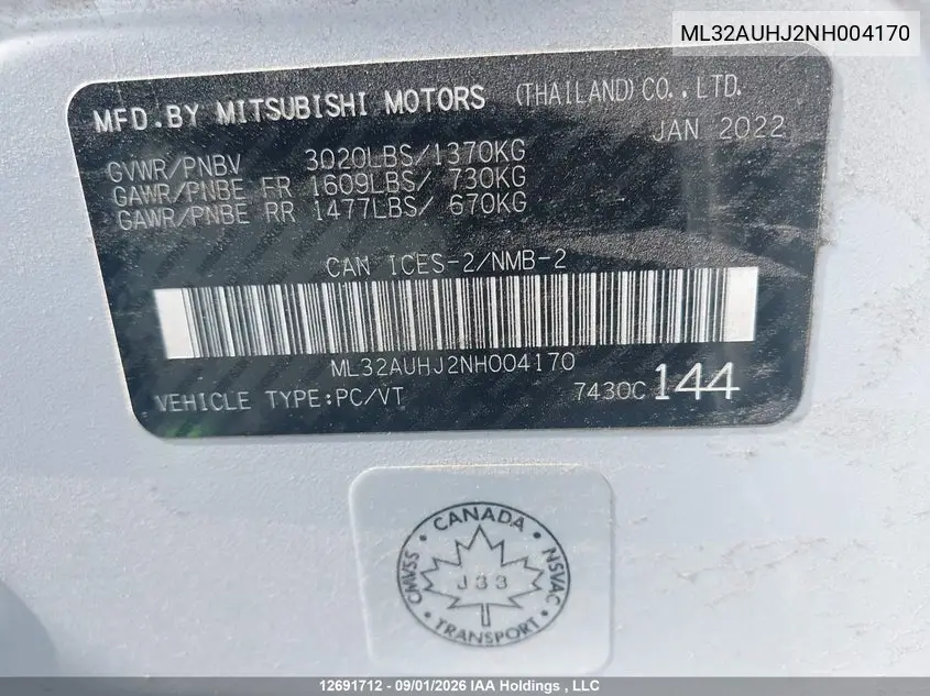 2022 MITSUBISHI MIRAGE VIN ML32AUHJ2NH004170 — фото 9
