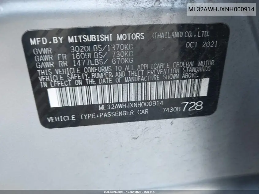 2022 MITSUBISHI MIRAGE VIN ML32AWHJXNH000914 — фото 9