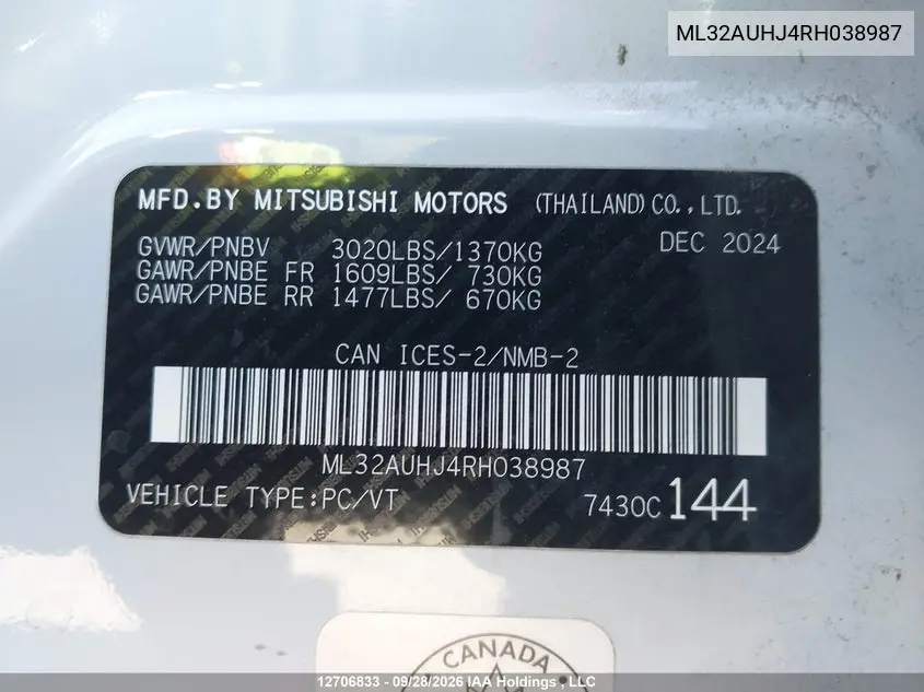 2024 MITSUBISHI MIRAGE VIN ML32AUHJ4RH038987 — фото 9