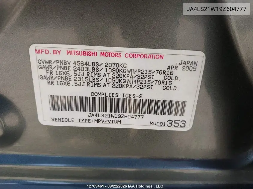 2009 MITSUBISHI OUTLANDER VIN JA4LS21W19Z604777 — фото 18