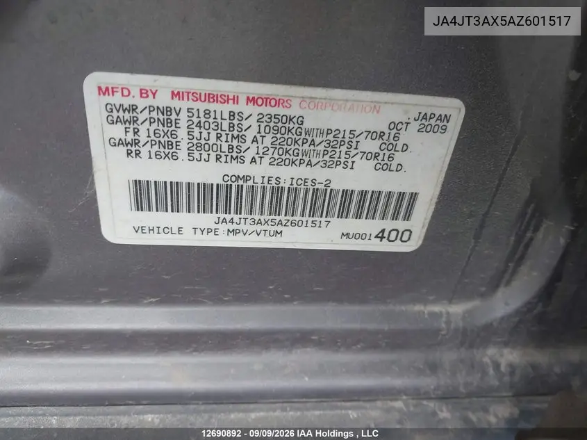 2010 MITSUBISHI OUTLANDER VIN JA4JT3AX5AZ601517 — фото 18