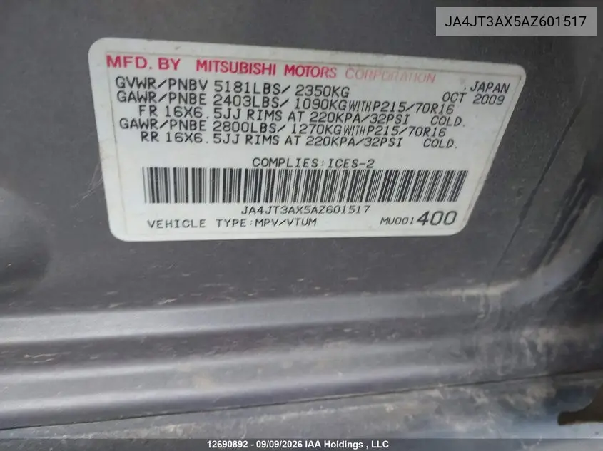 2010 MITSUBISHI OUTLANDER VIN JA4JT3AX5AZ601517 — фото 9
