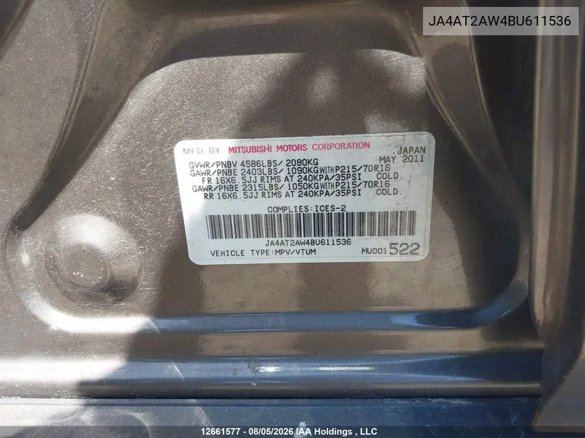 2011 MITSUBISHI OUTLANDER VIN JA4AT2AW4BU611536 — фото 9