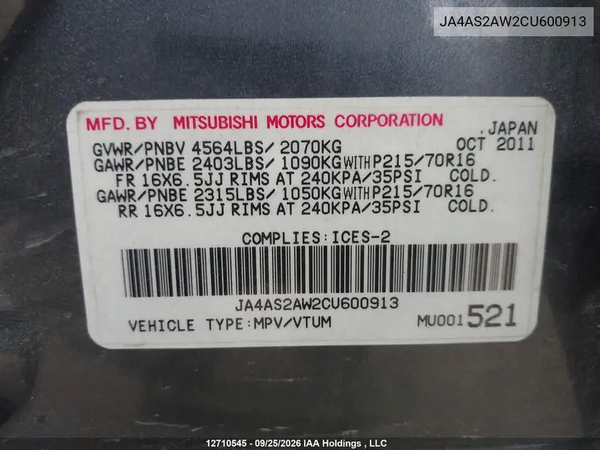 2012 MITSUBISHI OUTLANDER VIN JA4AS2AW2CU600913 — фото 20