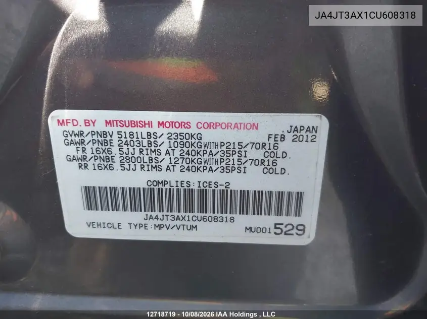 2012 MITSUBISHI OUTLANDER VIN JA4JT3AX1CU608318 — фото 9
