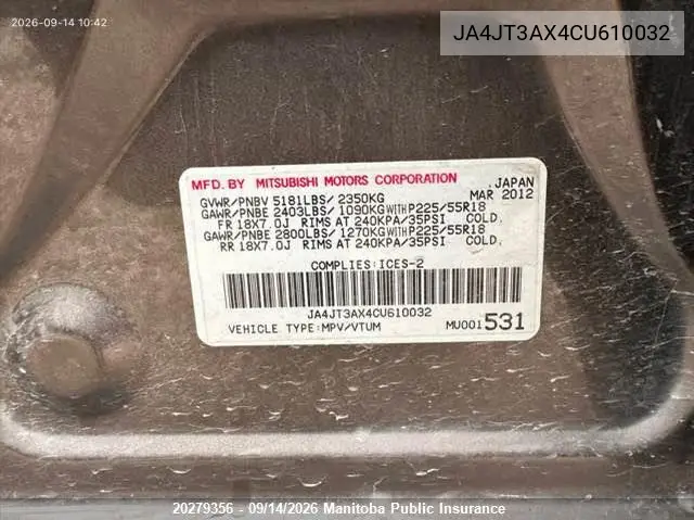 2012 MITSUBISHI OUTLANDER VIN JA4JT3AX4CU610032 — фото 9