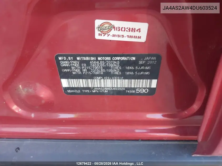2013 MITSUBISHI OUTLANDER VIN JA4AS2AW4DU603524 — фото 9