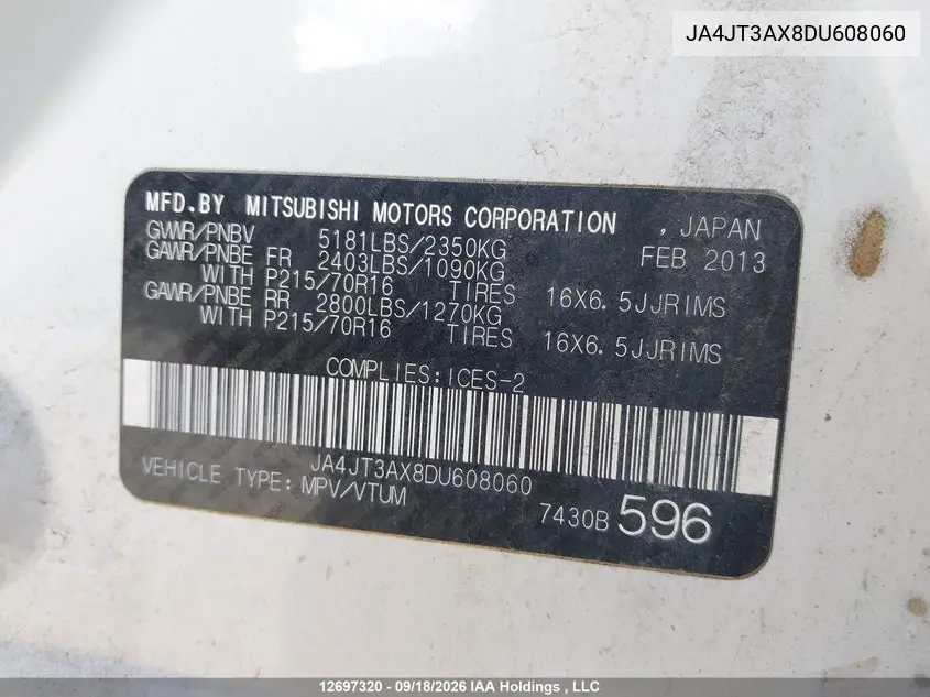 2013 MITSUBISHI OUTLANDER VIN JA4JT3AX8DU608060 — фото 9