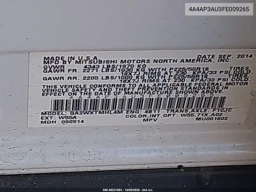 2015 MITSUBISHI OUTLANDER VIN 4A4AP3AU3FE009265 — фото 9