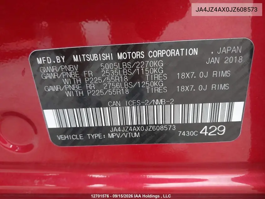2018 MITSUBISHI OUTLANDER VIN JA4JZ4AX0JZ608573 — фото 9