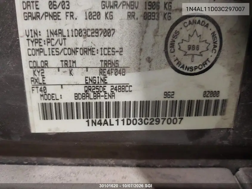 2003 NISSAN ALTIMA VIN 1N4AL11D03C297007 — фото 9