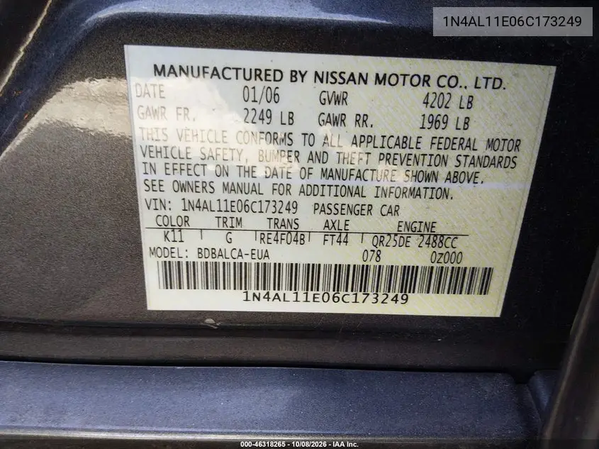 2006 NISSAN ALTIMA VIN 1N4AL11E06C173249 — фото 9