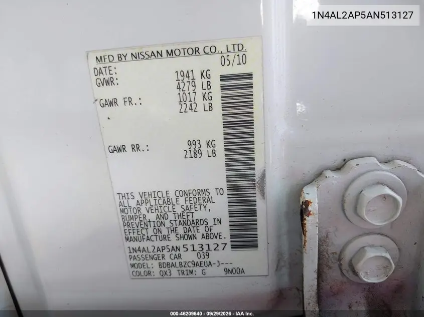 2010 NISSAN ALTIMA VIN 1N4AL2AP5AN513127 — фото 9