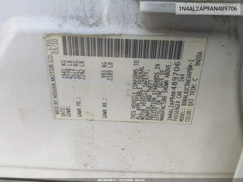 2010 NISSAN ALTIMA VIN 1N4AL2AP9AN489706 — фото 9