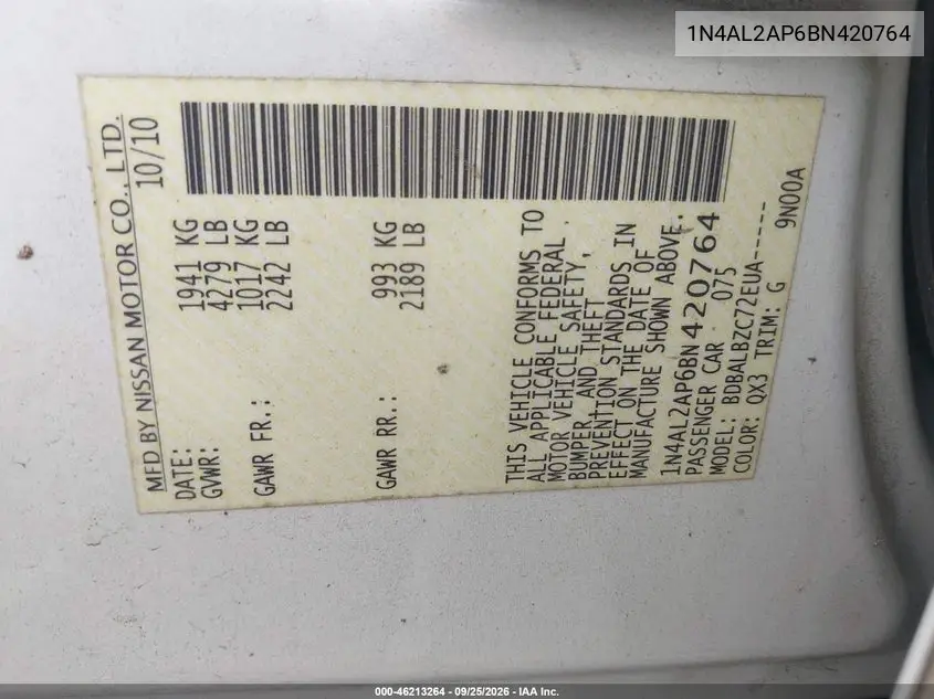 2011 NISSAN ALTIMA VIN 1N4AL2AP6BN420764 — фото 9