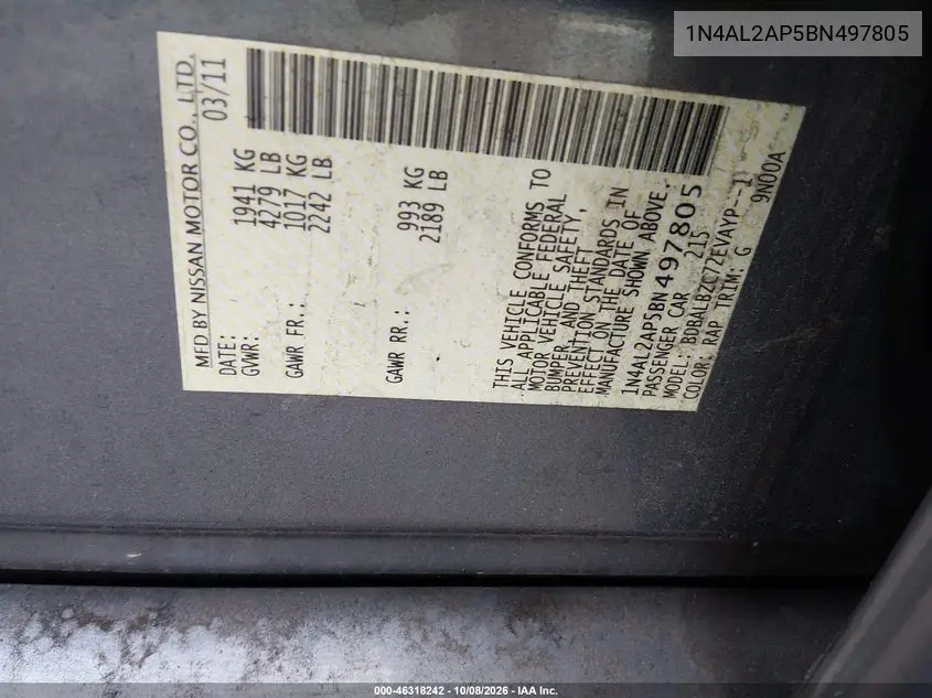 2011 NISSAN ALTIMA VIN 1N4AL2AP5BN497805 — фото 9