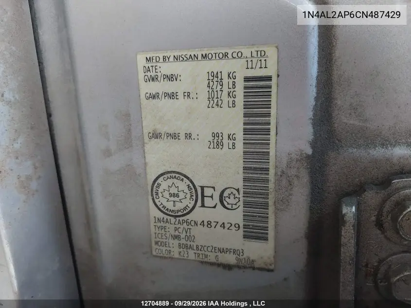 2012 NISSAN ALTIMA VIN 1N4AL2AP6CN487429 — фото 9