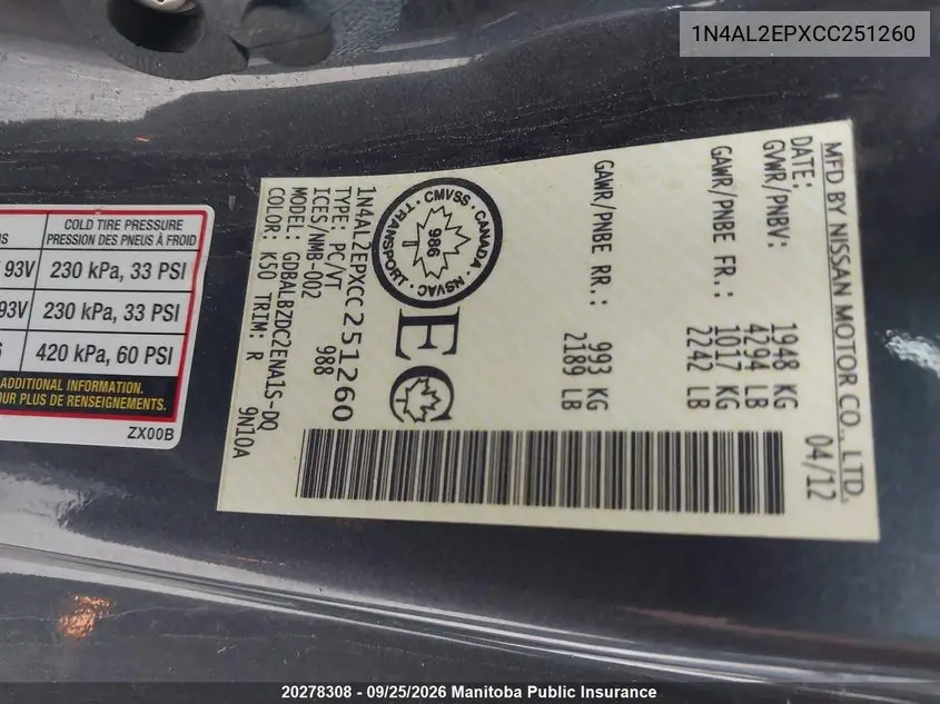 2012 NISSAN ALTIMA VIN 1N4AL2EPXCC251260 — фото 8