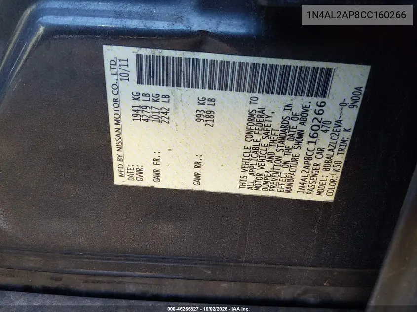 2012 NISSAN ALTIMA VIN 1N4AL2AP8CC160266 — фото 9
