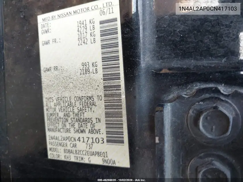 2012 NISSAN ALTIMA VIN 1N4AL2AP0CN417103 — фото 9