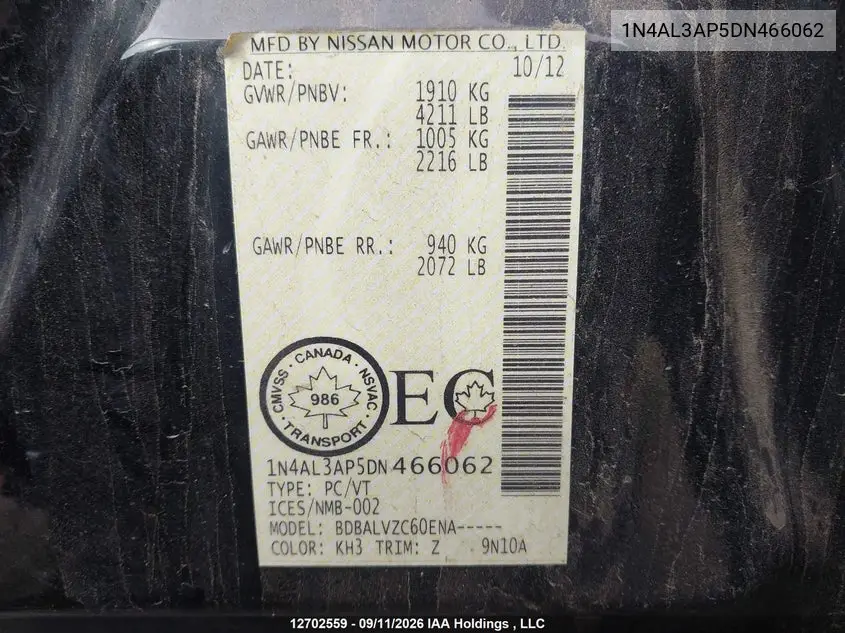 2013 NISSAN ALTIMA VIN 1N4AL3AP5DN466062 — фото 18