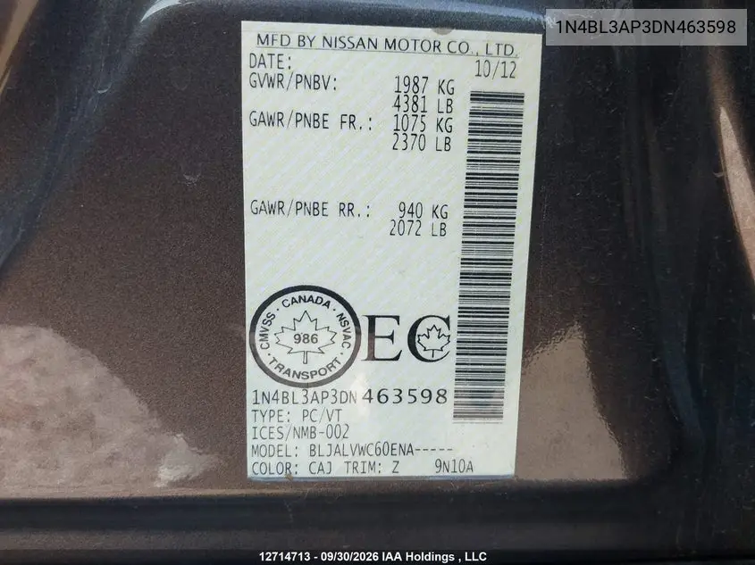 2013 NISSAN ALTIMA VIN 1N4BL3AP3DN463598 — фото 20