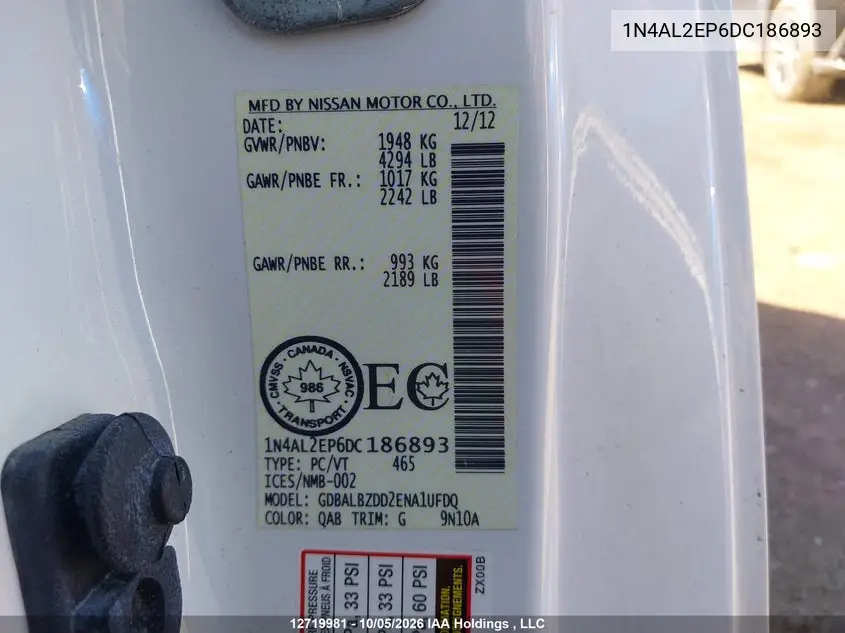 2013 NISSAN ALTIMA VIN 1N4AL2EP6DC186893 — фото 9