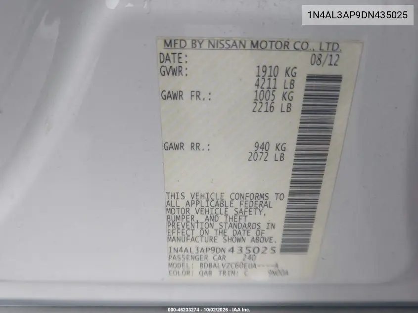2013 NISSAN ALTIMA VIN 1N4AL3AP9DN435025 — фото 9