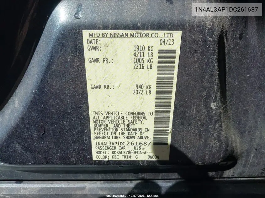 2013 NISSAN ALTIMA VIN 1N4AL3AP1DC261687 — фото 9