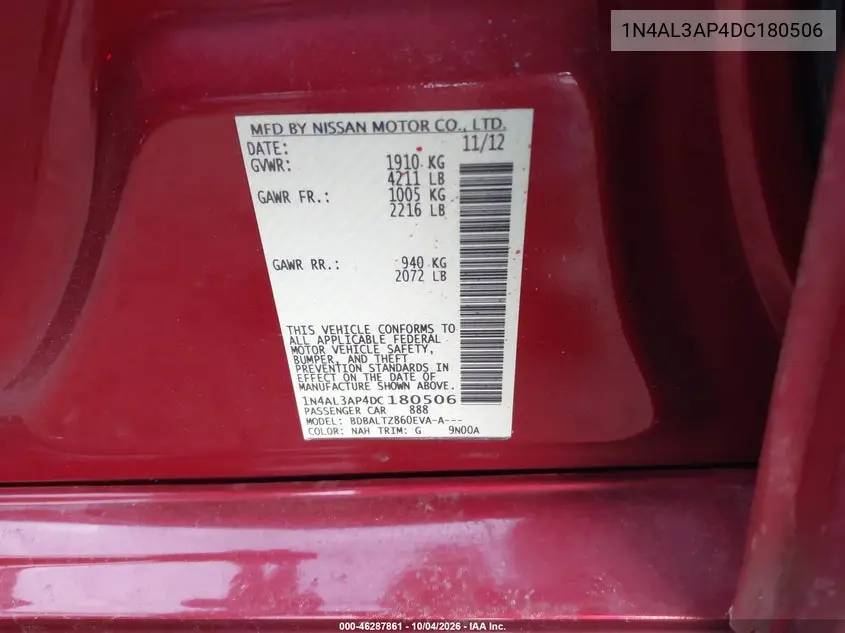 2013 NISSAN ALTIMA VIN 1N4AL3AP4DC180506 — фото 9