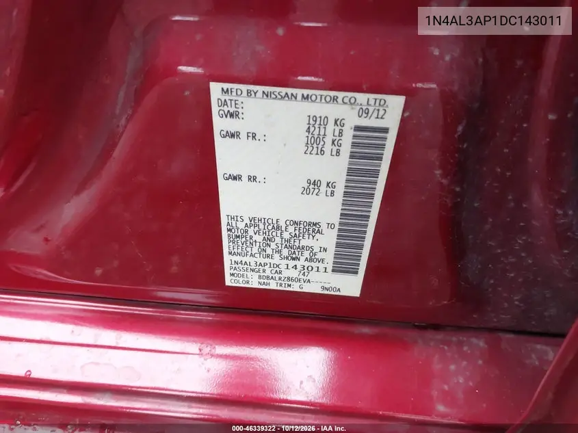 2013 NISSAN ALTIMA VIN 1N4AL3AP1DC143011 — фото 9