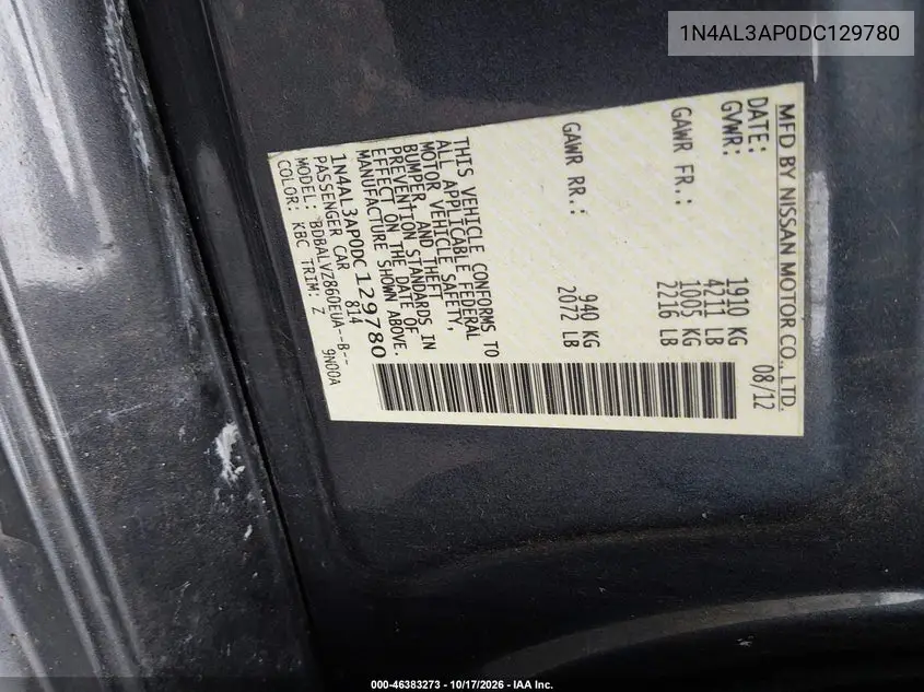 2013 NISSAN ALTIMA VIN 1N4AL3AP0DC129780 — фото 9