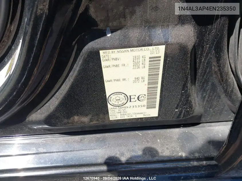 2014 NISSAN ALTIMA VIN 1N4AL3AP4EN235350 — фото 9