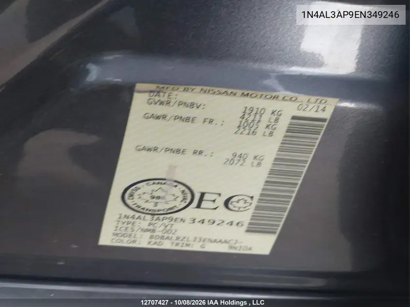 2014 NISSAN ALTIMA VIN 1N4AL3AP9EN349246 — фото 9